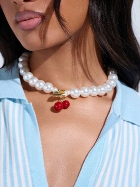 NWOT Pearl Choker Necklace with Red Cherry Charm